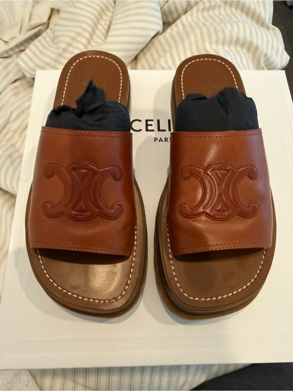 Celine woman Tan Brown Leather Slide Sandals size 38 excellent condition